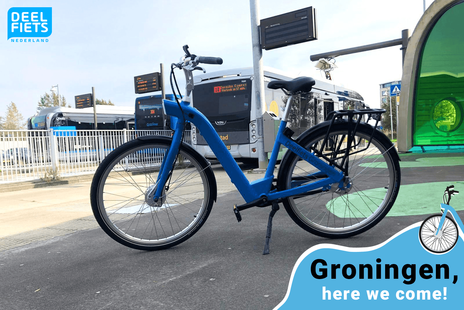 Een deelfiets van Deelfiets Nederland bij de nieuwe droppointlocatie in de provincie Groningen 