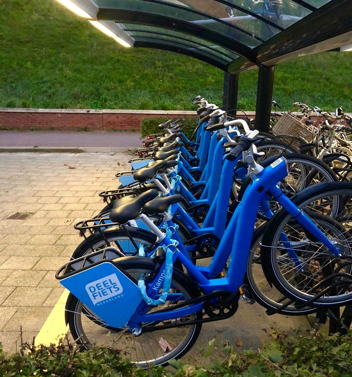 Een droppoint van Deelfiets Nederland met fietsen, te vinden bij Station Kampen Zuid